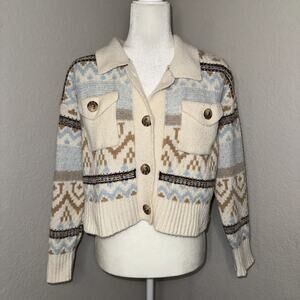 Pink Rose Cardigan Sweater Womens Medium Beige Cottage Core Cropped Long Sleeve